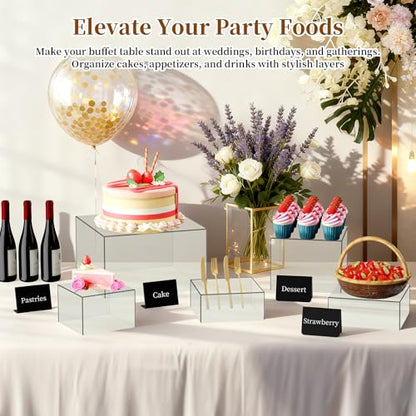 6 PCS 12" to 6.8" Clear Buffet Risers with Mini Sign and Makers, Large Food Risers for Buffet Table, Display Shelf Stands for Party, Catering, Dessert, Jewelry Collectibles, Nesting Cube Boxes with Hollow Bottoms Set (12",10",9",8",7.5",6.8")