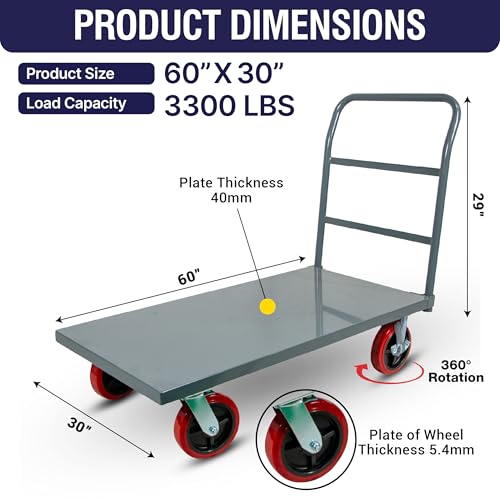 5Seconds Flatbed Platform Cart 3300LB Industrial Dolly Heavy Duty 60” x 30” Hand Push Truck Super Heavy Duty Flatbed 8'' Locked Swivel Wheels Commercial Moving - color: Plain Cart-grey, size: 60 x 30 Inch