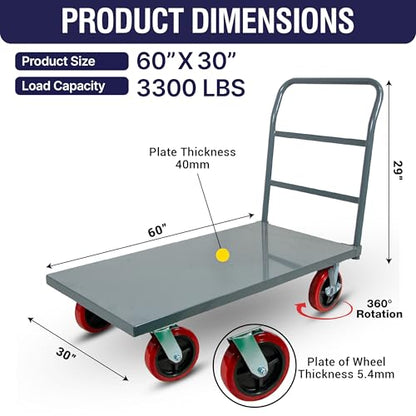 5Seconds Flatbed Platform Cart 3300LB Industrial Dolly Heavy Duty 60” x 30” Hand Push Truck Super Heavy Duty Flatbed 8'' Locked Swivel Wheels Commercial Moving - color: Plain Cart-grey, size: 60 x 30 Inch