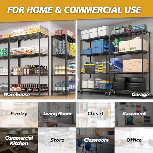 4-Tier Shelf, Adjustable Wire Metal Rack Shelving, Heavy Duty Standing Storage Shelves, Garage, Kitchen, Office, Bathroom, Shelfs Easy Assembly, 55" W x 23.6" D x 75.6" H Wheels, Black - color: Black, size: 4-tier 55.12"W x 23.62"D x 75.59"H Wheels
