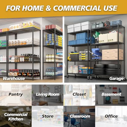 4-Tier Shelf, Adjustable Wire Metal Rack Shelving, Heavy Duty Standing Storage Shelves, Garage, Kitchen, Office, Bathroom, Shelfs Easy Assembly, 55" W x 23.6" D x 75.6" H Wheels, Black - color: Black, size: 4-tier 55.12"W x 23.62"D x 75.59"H Wheels