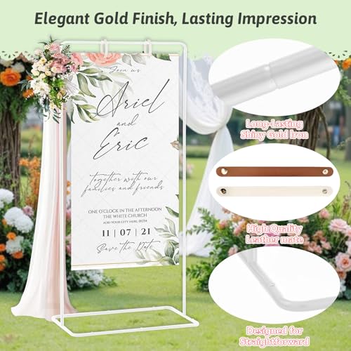 Meiqi Adjustable Wedding Welcome Sign Stand with 4 Leather Hanging Straps, Ground Stakes & Weight Bag - Large Easel for Wedding Signs, Posters, Banners - Perfect for Outdoor Events, Baby Showers (White) - color: White