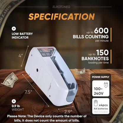 Money Counter Machine ELROTONEG V30, Cash Counter with UV lamp, Portable Bill Counting Machine 600 banknotes/min