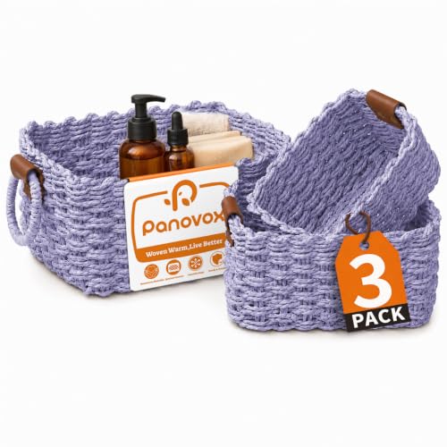 Small Wicker Baskets, 3 PCS Paper Rope Baskets for Shelves, Purple - color: Purple
