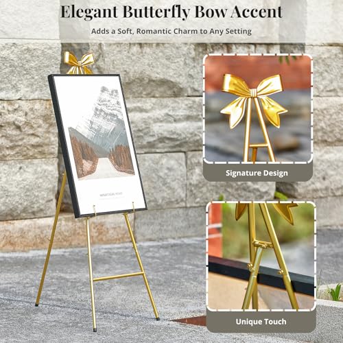 53”H Metal Gold Easel Stand for Sign Heavy Duty with Bow Top - color: Golden bow top