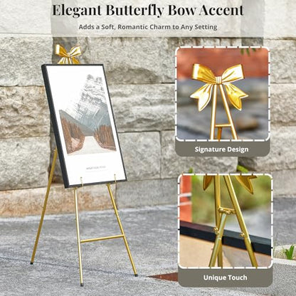 53”H Metal Gold Easel Stand for Sign Heavy Duty with Bow Top - color: Golden bow top