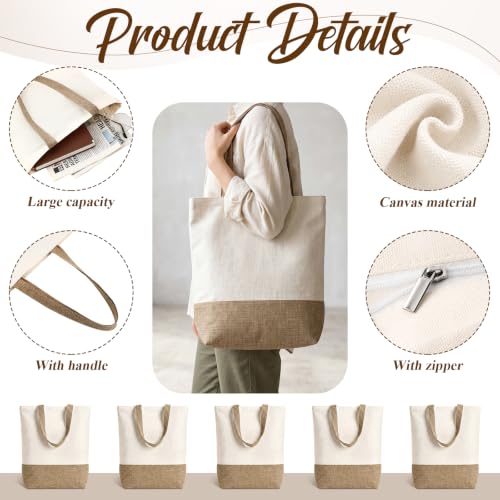 Reginary 5 Pcs Canvas Grocery Tote Bag with Zipper Bulk,Natural Color - color: Natural Color