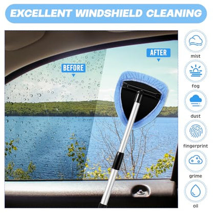 Baderke 10 Pcs Windshield Cleaner Tool Car Window Cleaning Supplies with Extendable Handle Include 6 Washable Microfiber Bonnets 2 Empty 60ml Spray Bottle Glass Wiper Kit(Light Blue) - color: Light Blue