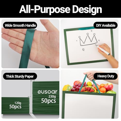 EUSOAR Large Gift Bags with Handles, 50pcs 16"x6"x12" Paper Wrap Bags Bulk, Merchandise Business Craft Grocery Retail Wrapping Thank You Bag for Wedding Birthday Party Favor Favor Bags-White/Green - color: White/Green