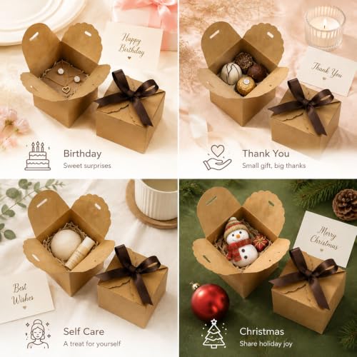 WEWILUCK Mini Brown Kraft Favor Boxes with Ribbons, 10 Pack, 3 x 3 x 3 Inch - color: Brown, size: Small 3"x3"x3" (10 Pack)