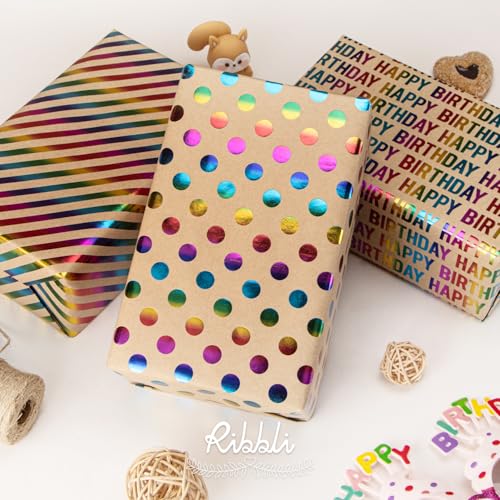 Ribbli Birthday Kraft Wrapping Paper Iridescent Gift Wrapping Paper Mini Roll, 3 Rolls Happy Birthday Polka Dots Stripes Printed Assortment - 17 inch x 120 inch(10feet) Per Roll - color: Iridescent/Brown