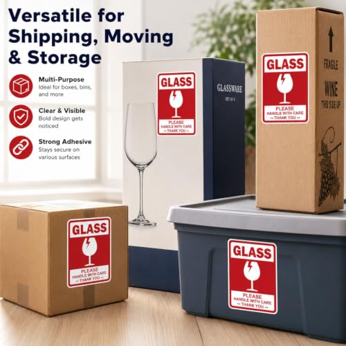4 x 6 Inch Large Glass Fragile Stickers for Shipping Handle with Care Label