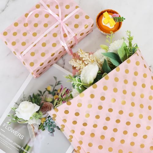 BEISHIDA Pink and Gold Tissue Paper Bulk, Polka Dot Wrapping Tissue Paper for Gift Bags, 14 x 20 Inch Gift Wrap for Christmas Birthday Wedding Graduation DIY Crafts Holiday Flowers,50 Sheets - color: dots-pinkgold