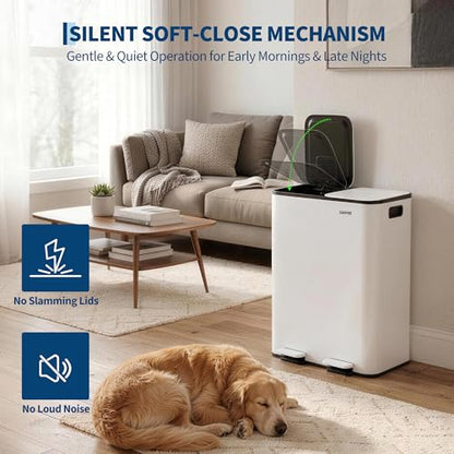 2x8 Gal Dual Compartment Stainless Steel Kitchen Trash Can with Lid, 30L+30L Recycling Garbage Bin, Soft Close Foot Pedal Trash Bin with 2 Removable Inner Buckets, Fingerprint Resistant for Home Offic - color: White, size: 2x8 Gal