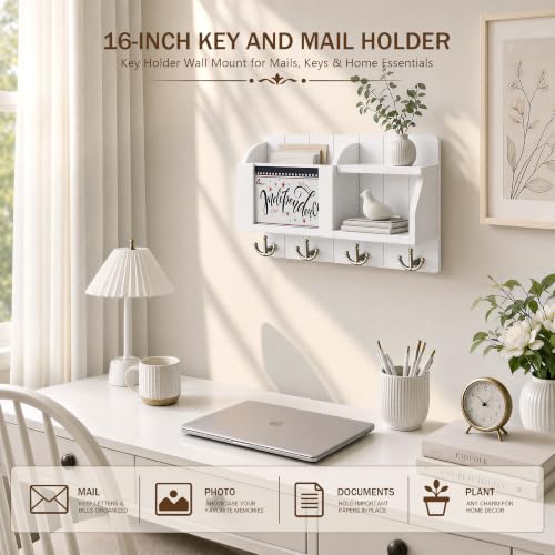 Rebee Vision Key Holder Wall Mount with Mail Organizer for Entryway, White - color: White
