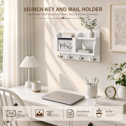 Rebee Vision Key Holder Wall Mount with Mail Organizer for Entryway, White - color: White