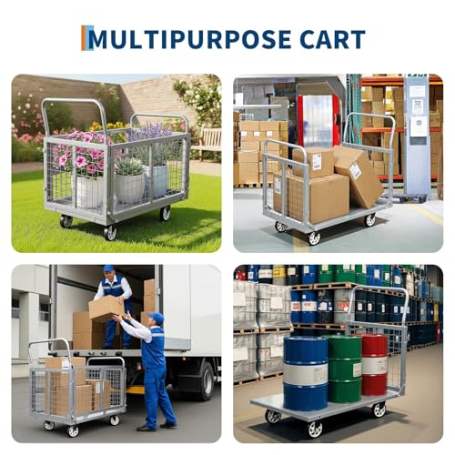 Heavy Duty Platform Truck Cart with Cage, 39" x 24" Hand Moving Cart 2000 Lbs Capacity, Multi-Functional Folding Cage Cart with Basket for Warehouse, Luggage Moving, Silver - color: Silver