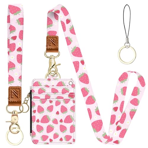 2-in-1 ID Badge Holder & Lanyard Wallet，Cute Zippered Pouch Pink Strawberry - color: Pink Strawberry