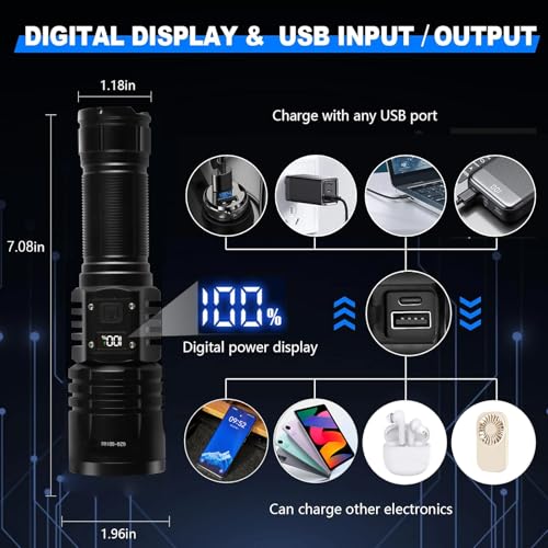 Rechargeable LED Flashlights 10000.00 High Lumens,𝟐𝟎𝟐𝟔 𝐍𝐞𝐰 High Powered Waterproof Tactical Flashlight Spotlight Flashlight for Home, Bright Flashlight Black for Outdoor Camping Emergency - color: Rechargeable Flashlight 5000mAh