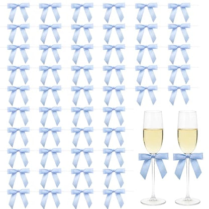 Light Blue Satin Pre-Tied Twist Tie Bows, 50 Pack for Treat Bags - color: Light Blue