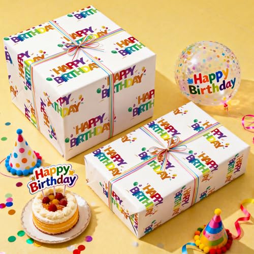 WRAPAHOLIC Happy Birthday Wrapping Paper Roll - Mini Roll - 17 Inch x 16.5 Feet - Colorful Rainbow Birthday Wrapping Paper with Balloons and Confetti Design for Kids Boys Girls Teens Adults - color: Happy Birthday - Colorful Rainbow