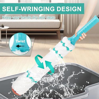 KeFanta Self Wringing Twist Mop with 57 " Long Handle, Easy Wring mop - color: Teal (1 Handle & 1 Mop Head)