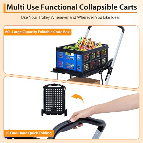 2-Tier Foldable Shopping Trolley - 2 Tier Folding Grocery Carts (198 LB Capacity), Portable Grocery Cart with Wheels & Removable Crate (Blue) - color: Blue