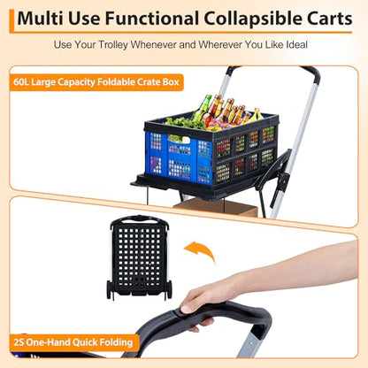 2-Tier Foldable Shopping Trolley - 2 Tier Folding Grocery Carts (198 LB Capacity), Portable Grocery Cart with Wheels & Removable Crate (Blue) - color: Blue