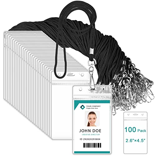 Marspark 200 Pcs Lanyard with ID Holder Bulk Clear, Black - color: Black
