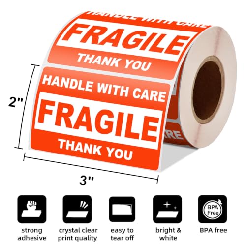 3" x 2" Fragile Stickers for Shipping, Handle with Care Fragile Labels, Strong Adhesive for Moving, Thank You Warning Packing Shipping Label Stickers [500 Labels/1 Roll] - size: 3" x 2"
