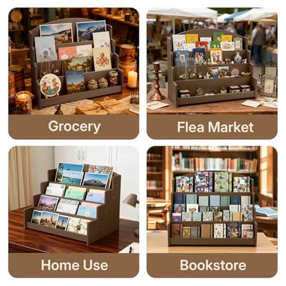 4 Tier Wooden Greeting Card Display Stand, Brown - color: Deep Brown