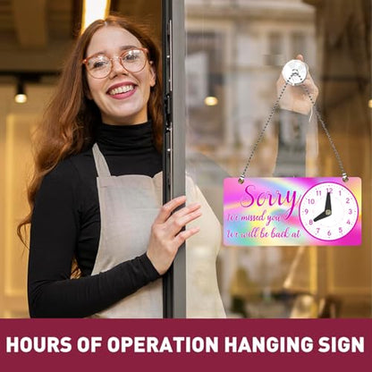 PLIGREAT Rainbow Swirl Double Sided Open Closed Sign with Clock Welcome Please Come In Sorry We Missed You Signs for Business Retail Store Window Wall Decor Hanging Door Signs with Chain, Pink - style: Rainbow Swirl