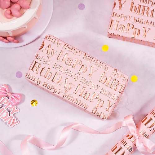 WRAPAHOLIC 3D Kraft Birthday Wrapping Paper Roll - Mini Roll - 17 Inch x 16.5 Feet - Rose Gold and Pink Happy Birthday Wrapping Paper with Embossed Perfect for Holiday, Party Celebration - color: Pink & Rose Gold Happy Birthday, size: 17 inch x 16.5 feet