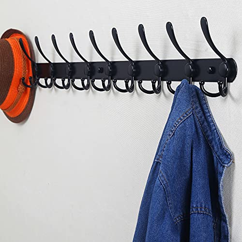 Dseap Coat Rack Wall Mount - 38” Long 10-Tri-Hooks Heavy Duty Coat Hanger Rail Wall Hooks for Hanging Coats Hats Clothing Clothes Purse Mudroom Entryway, Black - color: Black, size: L=38” (1 Pcs)