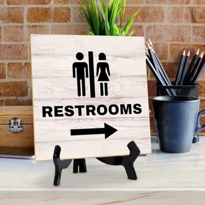 Restrooms Right 5"x 5" Square Table Sign With Acrylic Easel | General Office Notices & Business Table Signs - color: Restrooms Right