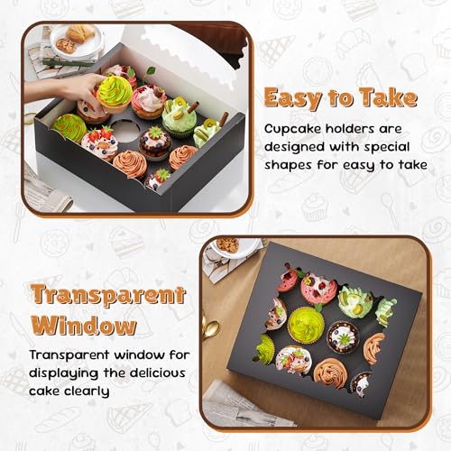 RYDDOY 4 Pack Black Cupcake Boxes, Hold 12 Count Cupcake, Cupcake Carriers - color: Black
