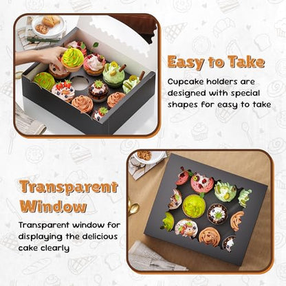 RYDDOY 4 Pack Black Cupcake Boxes, Hold 12 Count Cupcake, Cupcake Carriers - color: Black
