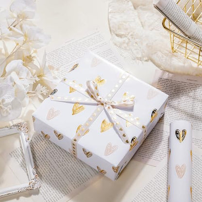 WRAPAHOLIC Heart Wrapping Paper Roll - Mini Roll - 17 Inch x 16.5 Feet - Gold Foil Heart Design for Valentines Day, Wedding, Bridal Shower, Birthday, Baby Shower - color: Pink & Gold - Heart, size: 17 inch x 16.5 feet