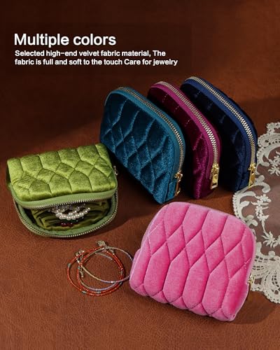 Small Travel Jewelry Case, Velvet Pouch with Zipper, Rose Purple - color: RosePurple