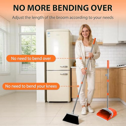 YZO Broom with Dustpan Combo Set, 54.33 Inch Long Handle Standing Design, Dustpan Front Rubber Tight Seal, Broom with 5 Layer Bristles, Suitable for Living Room, Yard, Office and Apartment (Orange) - color: Orange