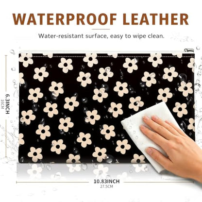 Money Bag with Zipper, Cute PU Leather Cash Bags, Portable Bank Bag Money Pouch for Cash, Coins, Checks, Receipts, Invoices Cosmetics Tools, Deposit Bag for Office Travel, Black Daisy - color: Black Daisy