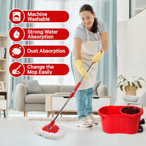 Pedal Spin Mop and 7LT Bucket Floor Cleaning System with 3 Extra Microfiber Mop Replacement Refills - Labor-Saving Foot Pressure Spin Mop with Adjustable Stainless Steel Handle for Floor Cleaning