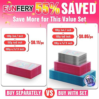 Funfery 300 Pack 3Size Mylar Holographic Bags with Clear Window,Purple Pink - color: Purple Pink, size: 3x4.7+4x6+4.7x7.9 Inch