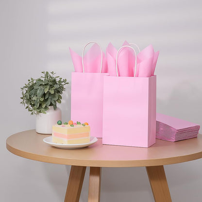 SUNCOLOR 24-Pack Pink Gift Bags with Handles, 8" Small Kraft Paper Goodie Bags, Includes Tissue Paper for Baby Showers, Birthdays, Bridal Showers - color: Pink