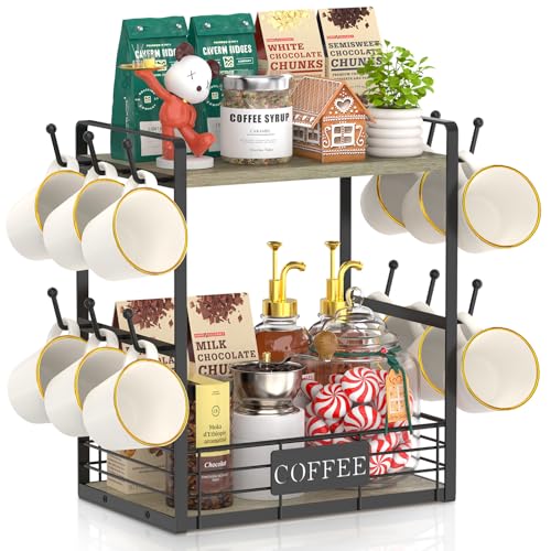 EsLuker.ly Coffee Mug Cup Holder Tree Bar Station Organizer, 2 Tier Grey Oak - color: Grey Oak + Black