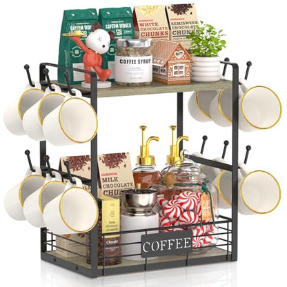 EsLuker.ly Coffee Mug Cup Holder Tree Bar Station Organizer, 2 Tier Grey Oak - color: Grey Oak + Black