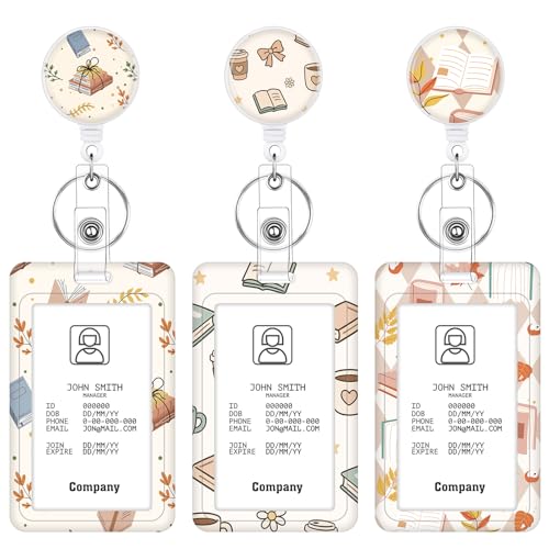 3 Pack Retractable Badge Holder Set, Book Pattern, Vertical Id Holder - color: Book Pattern
