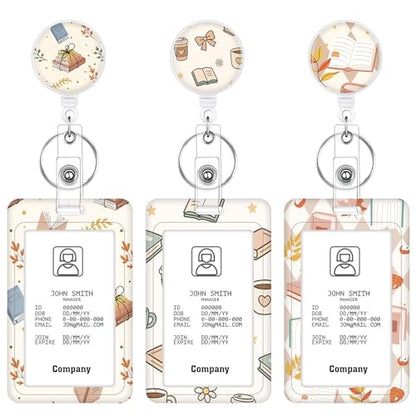 3 Pack Retractable Badge Holder Set, Book Pattern, Vertical Id Holder - color: Book Pattern