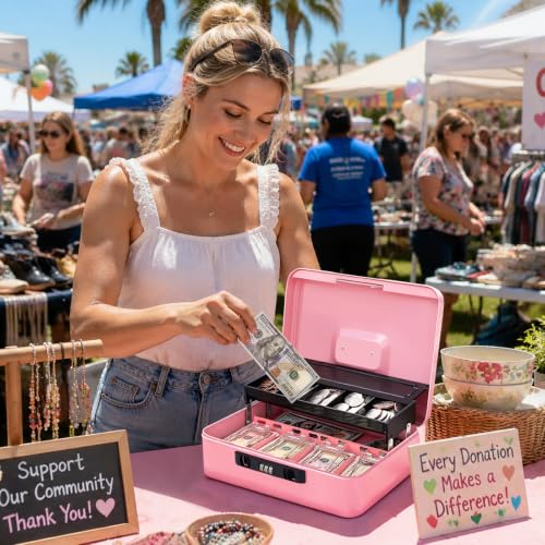 Jssmst Metal Cash Box with Money Tray and Lock, Portable Cash Drawer, 11.8" - color: Pink Code-B