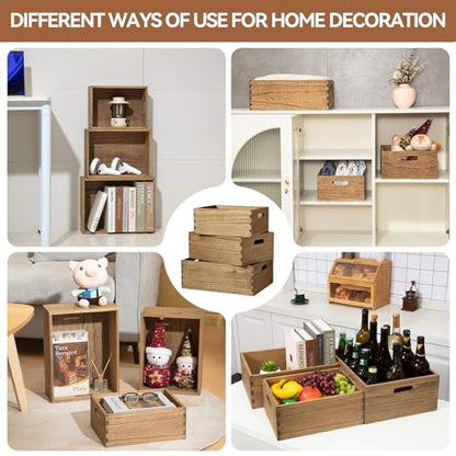 KIRIGEN Nesting Wood Crates with Handles, Set of 3 Storage Boxes Brown - color: Dark Brown